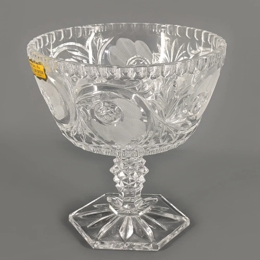 Vintage Italian Hand Cut Lead Crystal Pedestal Bowl 24% Pbo Floral Compote 6.75